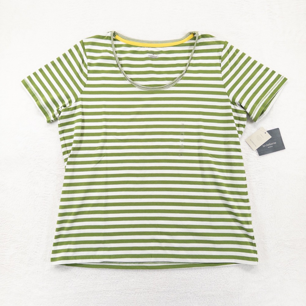 Liz Claiborne Womens T-Shirt 1X Green White Striped Scoop Neck Stretch Casual